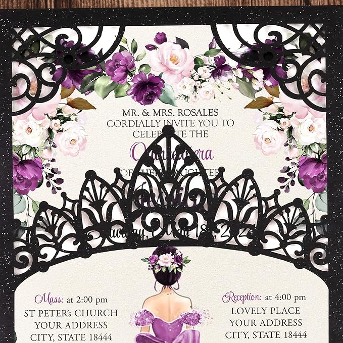 50Pcs Blank Pearlized Black Crown Invitations for Quinceanera, 15 year, Sweet 16, Miss XV, Birthday Laser Cut Quince Invitation Cards