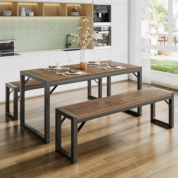 SHA CERLIN Kitchen Dining Table Set for 4 with Benches, Rustic Small Space Saving Dinette, Heavy Duty Metal Frame