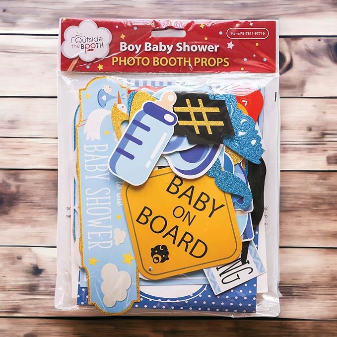 Boy Baby Shower Photo Booth Props - 41-pc Photo Booth Kit with 8 x 10-Inch Sign, 60 Glue Dots, 45 Sticks - Picture Props for Baby Shower
