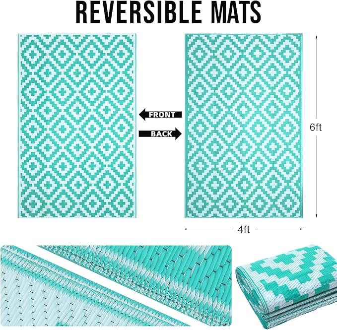 OLANLY Waterproof Outdoor Rug 4x6 ft, Outdoor Plastic Straw Rug for Camping, RV Mat Outside, Outdoor Carpet for Porch, Deck, Backyard, Balcony, Picnic, Turquoise & White