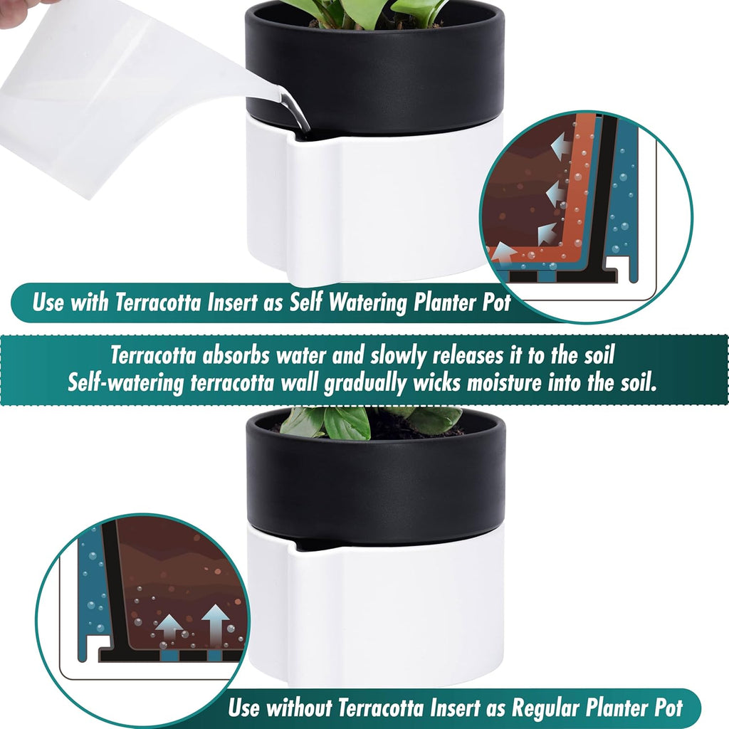 Phoenix Vine 6.5 Inch Self-Watering Planter Pot with Terracotta Insert, Deep Water Reservoir, and Ceramic-Alike BPA-Free Plastic Pot for Plant, Modern Planter for Houseplants, White/Black, 53-B-S-4