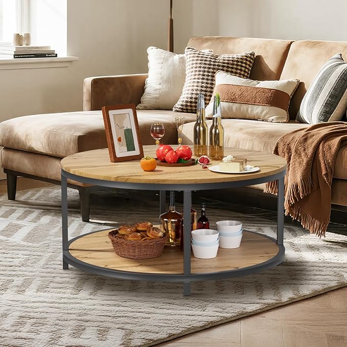 NSdirect Round Coffee Table, 36in Rustic Wooden Surface Top & Sturdy Metal Legs Industrial Sofa Table for Living Room Modern Design Home Furniture with Storage Open Shelf (Natural Walnut)