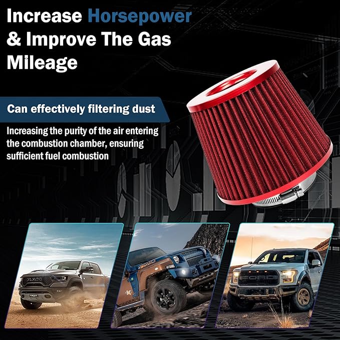 Universal Clamp-On Air Intake Filter, High Performance, Washable Filter, Replacement Air Filter, Flange Diameter 3inch/76mm (Red)