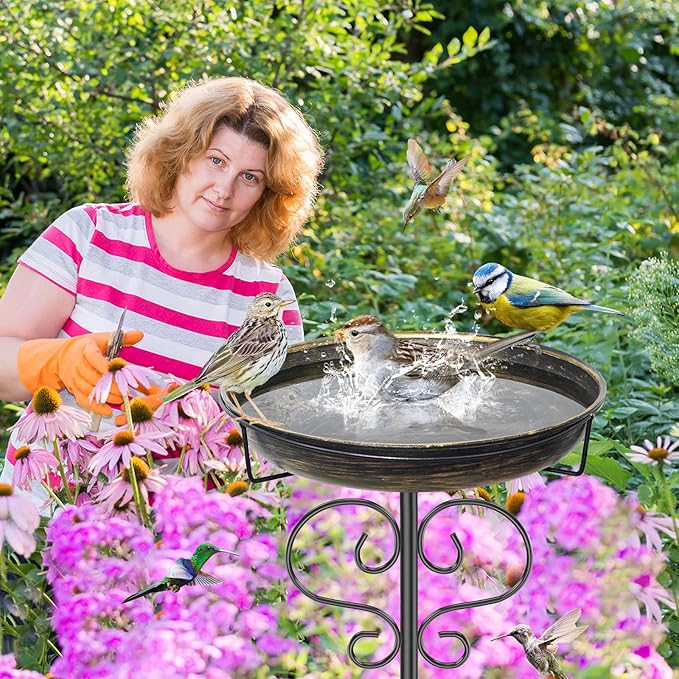 Bird Bath for Outside,Freestanding Metal Bird Bath Feeder with Heavy Duty 5 Prong Stake, Garden Birdbath Birdfeeder Bowl for Yard Lawn Patio Decor (Vintage Gold)