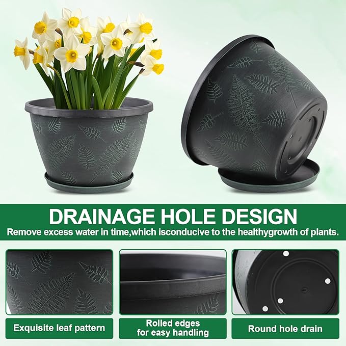 11 inch Plant Pot Set of 3, Plastic Flower Pots with Drainage Hole & Tray, Decorative Round Planters for Indoor Plants, Modern Outdoor Home Flowers Plants Garden Pots (Green)