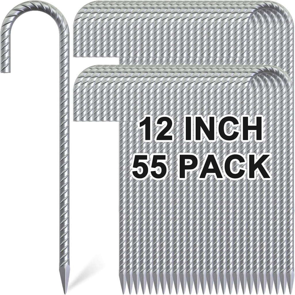 Rebar Stakes 12 Inch, 55 Pack Galvanized Metal Tent Stakes Heavy Duty Ground Stakes, J Hook Steel Fence Stakes for Ground, Outdoor Decoration, Wire Fencing, Gardening