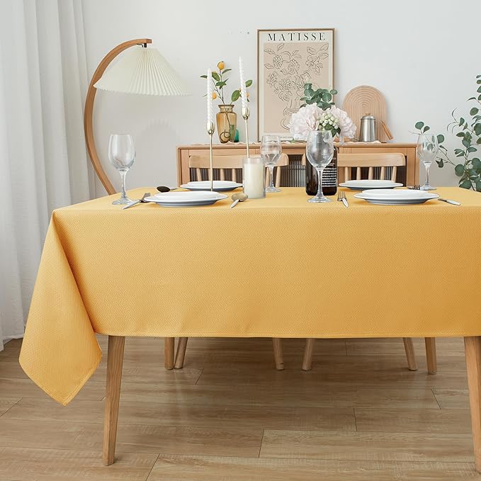 Biscaynebay Fall Tablecloth Textured Fabric 70x108 Inch Rectangular, Fall Gold Thanksgiving Autumn Harvest Water Resistant Fabric Tablecloths for Kitchen, Dining, Wedding, Parties Machine Washable