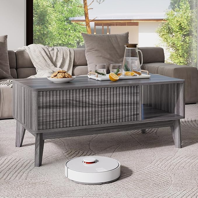 LYNCOHOME Fluted Lift Top Coffee Table with Storage,Modern Center Table for Living Room, Home Office（Grey）