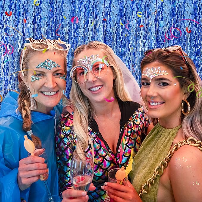 Blue Backdrop Wavy Tinsel Foil Fringe Curtains for Parties Sparkle Metallic Wavy Blue Birthday Decorations for Streamers Party Decorations Photo Booth Props Birthday Ocean Party Decor Supplies