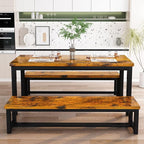 AWQM 43.3" Dining Table Set for 4, Kitchen Dining Table with 2 Benches, Dining Room Table Set with Metal Frame & Thickened Board for Kitchen, Restaurant, Rustic Brown