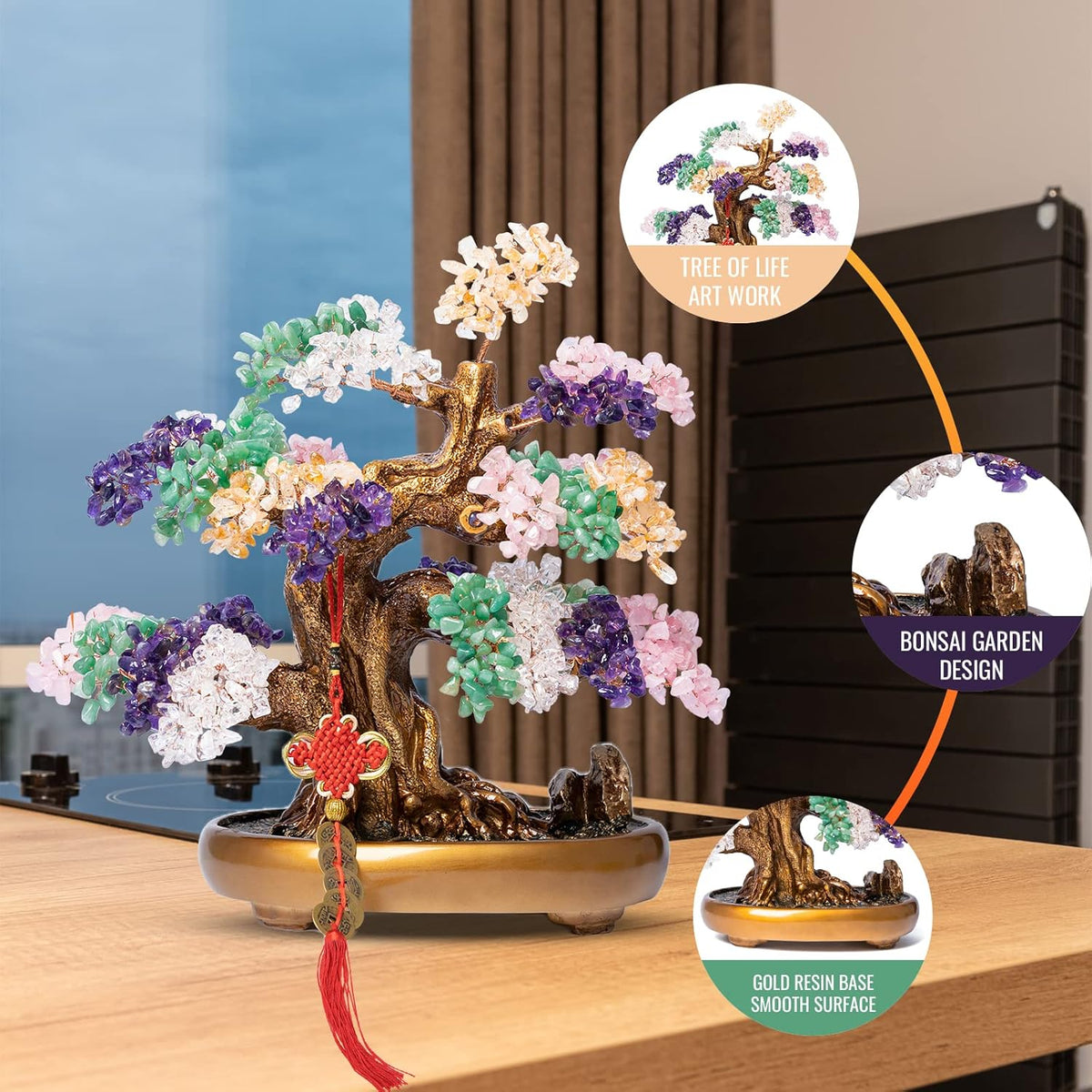 Natural Chakra Gemstone Crystal Bonsai Tree of Life Large Feng Shui Money Tree for Luck and Wealth Desk Decoration(1,251 Gem Count)