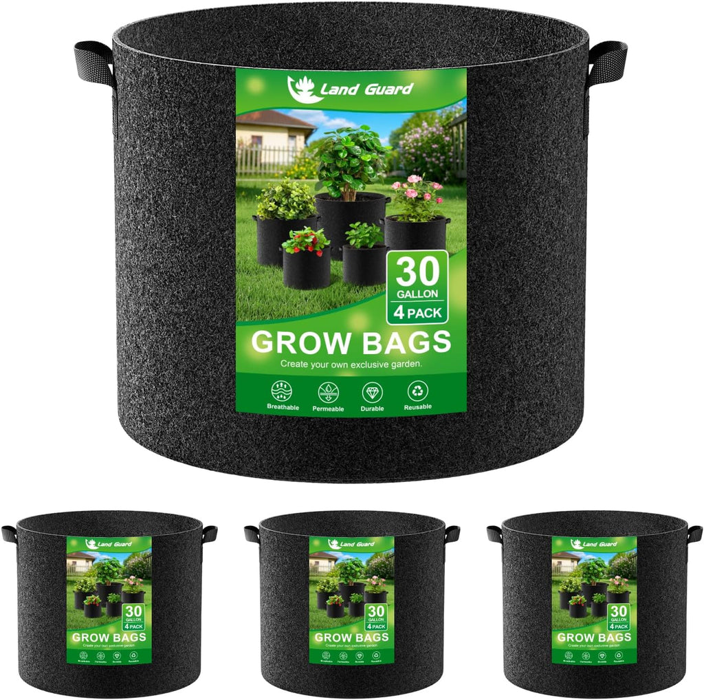 Land Guard 4-Pack Fabric Grow Bags 30 Gallon, Thickened Nonwoven Garden Pots, Growing Bags with Handles, Black