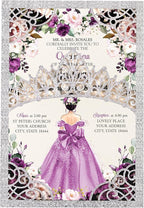 50Pcs Purple Crown Invitations for Quinceanera, 15 year, Sweet 16, Miss XV, Birthday Laser Cut Quince Invitation Cards Personalized Glitter Silver