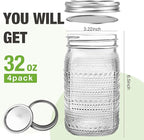 Mason Jars 32 Oz with Lids Wide Mouth 4 Pack, Glass Jars Canning Jars Large for Centerpieces Pickling Storage Food Meal Prep Salad Jam