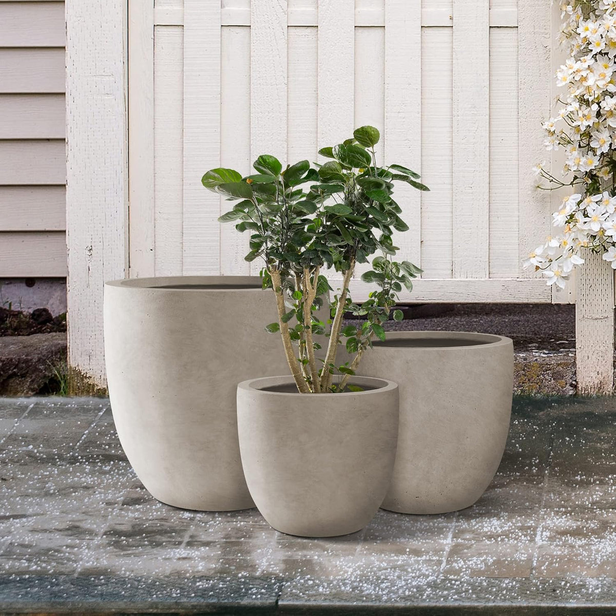 Kante 20",16.5",13.4" Dia Round Concrete Planters (Set of 3), Outdoor Indoor Modern Decorative Plant Pots with Drainage Hole & Rubber Plug for Home & Garden, Weathered Concrete