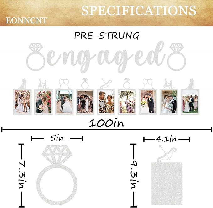 Pre-Strung Engaged Photo Banner - Silver Glitter Engagement Party Decoration Supplies with Romantic Memories Picture Card Frames for Bachelorette, Bridal Shower, Wedding Party Photo Booth Props