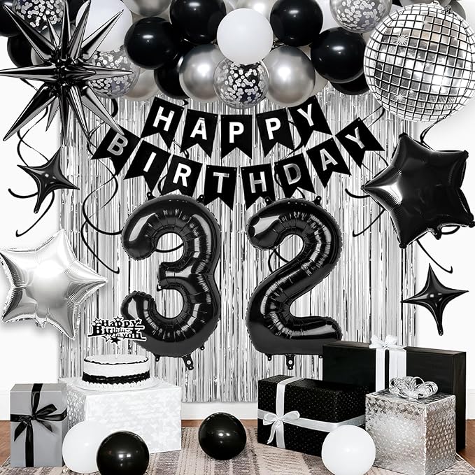 32nd Birthday Decorations for Men Women, Black Silver Happy Birthday Party Decorations， 32 Year Old Party Supplies with Number 32 Balloons, Banner, Fringe Curtains Kit