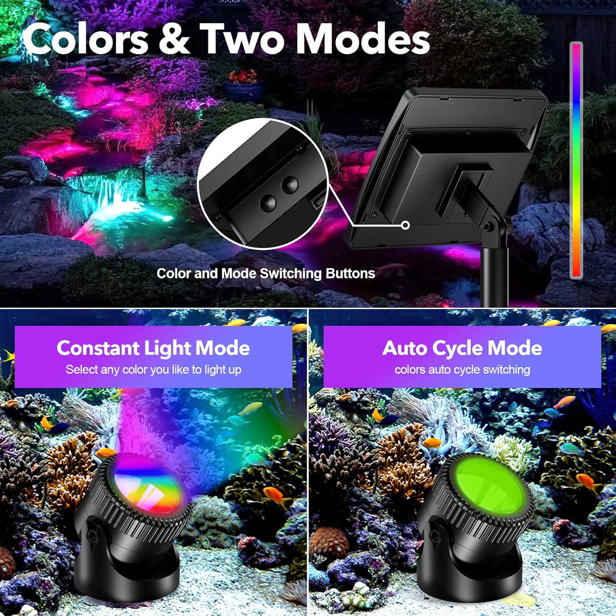 POPOSOAP Solar Pond Lights, RGB LED Pond Lights Waterproof IP68, 2200mAh Battery Underwater Solar Light with Two Modes Options for Pond Fountain Pool Garden Decoration(3 Headlamp)