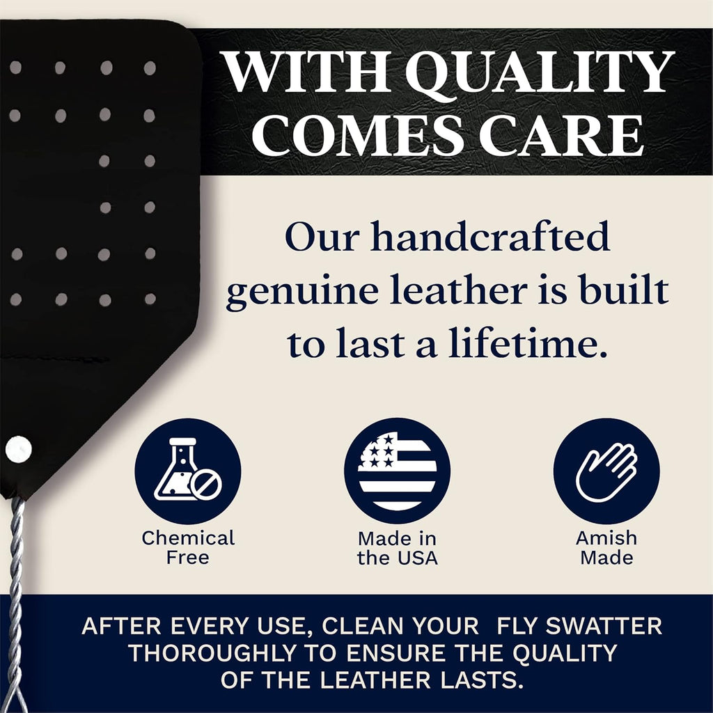 Leather Fly Swatter Set (2 Pack) – 17” Amish-Made Fly Swat w/Real Leather Paddle – Fly Swatters Multi Pack w/Metal Handle – Bug Swatter, Mosquito Swatter, Wasp Swatter (Black)