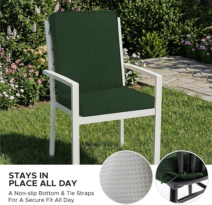 Outdoor Chair Cushions, Water-Resistant & Fade-Resistant, Patio Furniture Lawn Dining Chair Seat Replacement with Mid Back, Ties Zipper, Removable Cover, 18 x 16.5 Inch, Set of 4, Olive Green