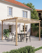 10' X 10' Faux Wood Grain Aluminum Outdoor Retractable Pergola Canopy, Patio Pergola Outdoor Pergola with Sun Shade Canopy, Metal Gazebo with Adjustable Canopy Roof for Backyard Beach, Beige