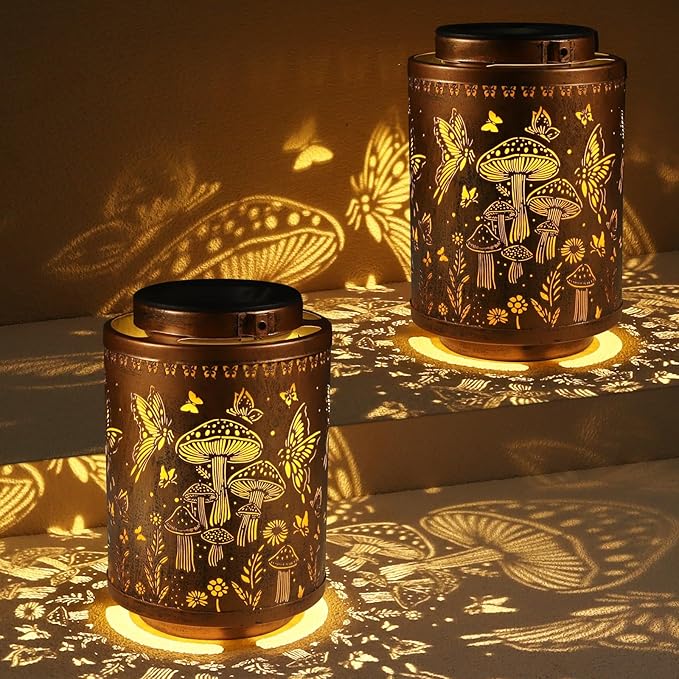 2 Pack Solar Lanterns Outdoor Waterproof Butterfly Garden Decor Gifts for Women Mon Grandma Metal Hanging Solar Lights Decoration for Outside LED Lanterns for Yard Patio Lawn(Mushroom)