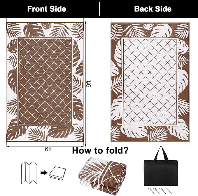 Ileading Outdoor Rug Carpet for Patio 6' x9' Waterproof Reversible Plastic Straw Rug Portable Outside Area Rug Camping Mat for Patio, Clearance, Balcony, Picnic, Pool, Beach, RV, Deck, Leaf Brown