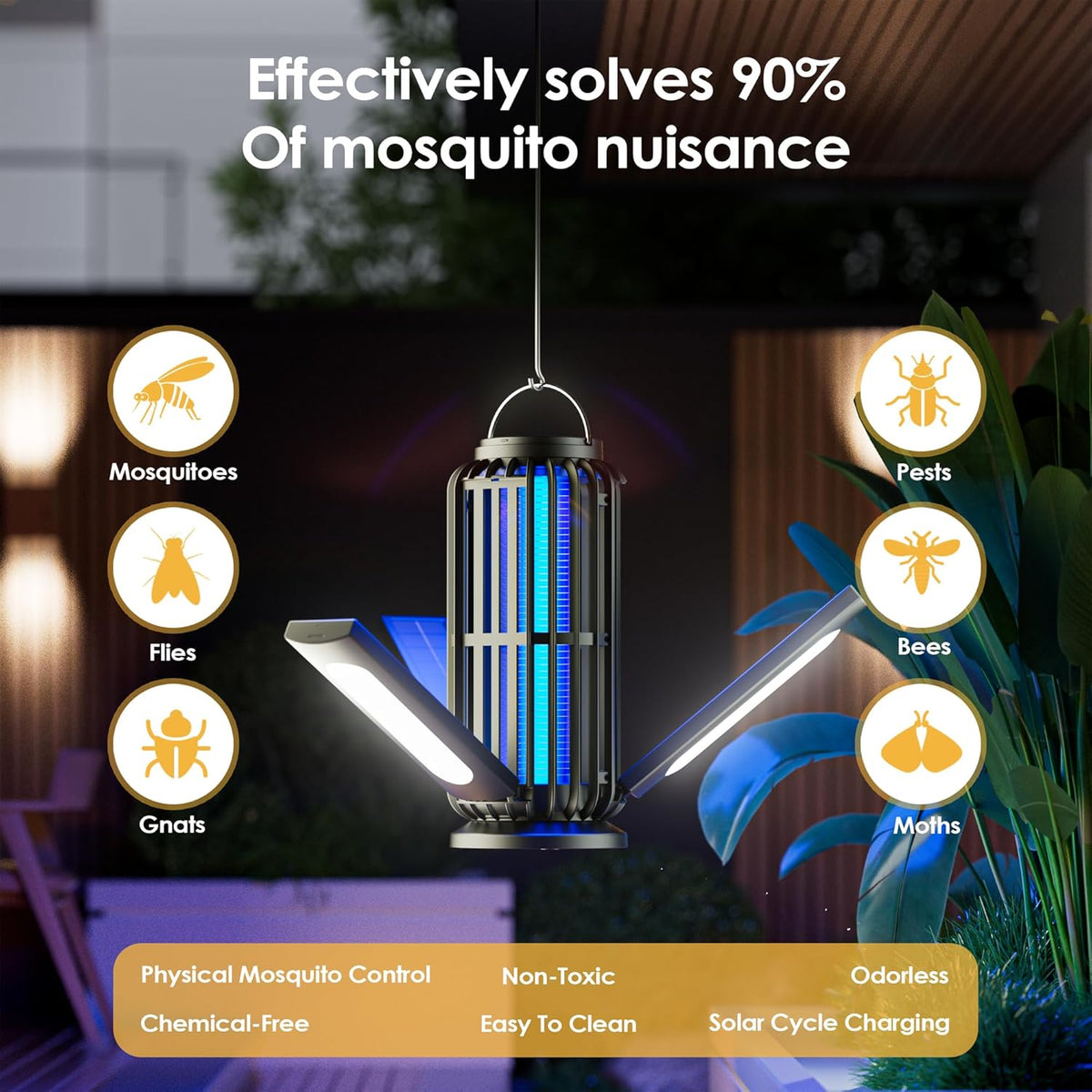 TYPEC Bug Zapper 2 Pack, Solar Bug Zapper with 3 Solar Charging Panels, IP65 Waterproof Mosquito Zapper, 4200V Mosquito Zapper with LED Light, Outdoor Indoor AUTO ON/Off