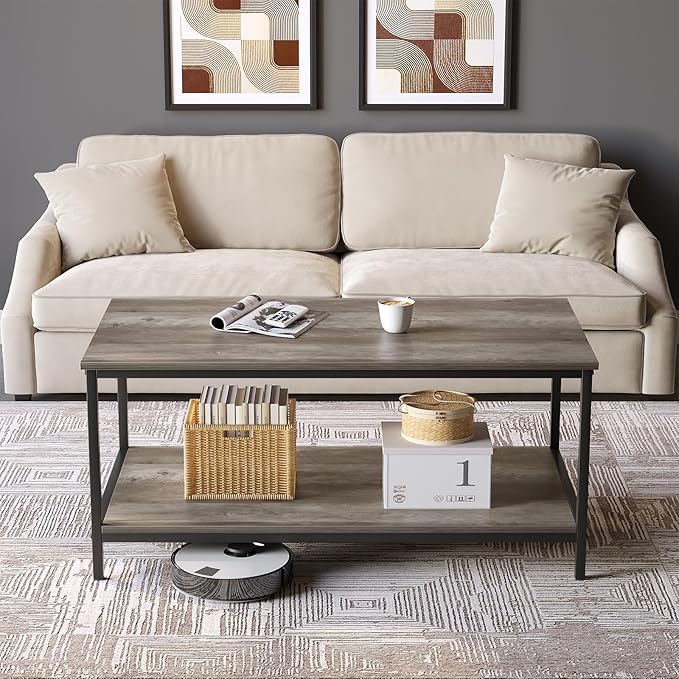 SAYGOER 2-Tier Coffee Table for Living Room Farmhouse Style Center Table with Storage Shelf Rectangle Wood Table for Large or Small Spaces Apartment Home Office, Easy Assembly Gray Wash
