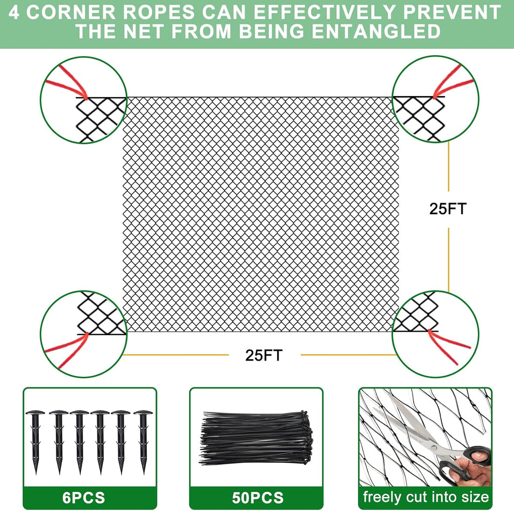 25'x25' Bird Netting for Chicken Coop, Nylon 3/4" Mesh Poultry Netting Chicken Net Roof Hawk, Aviary Net Deer Fence Pests Trellis Garden Nettings for Fruits Trees Plant