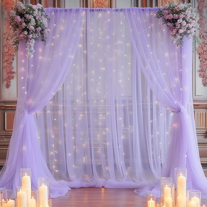 30×10ft Purple Tulle Backdrop Curtain with Lights String for Parties, Sheer Photo Backdrop Curtains for Wedding Party Photography Background