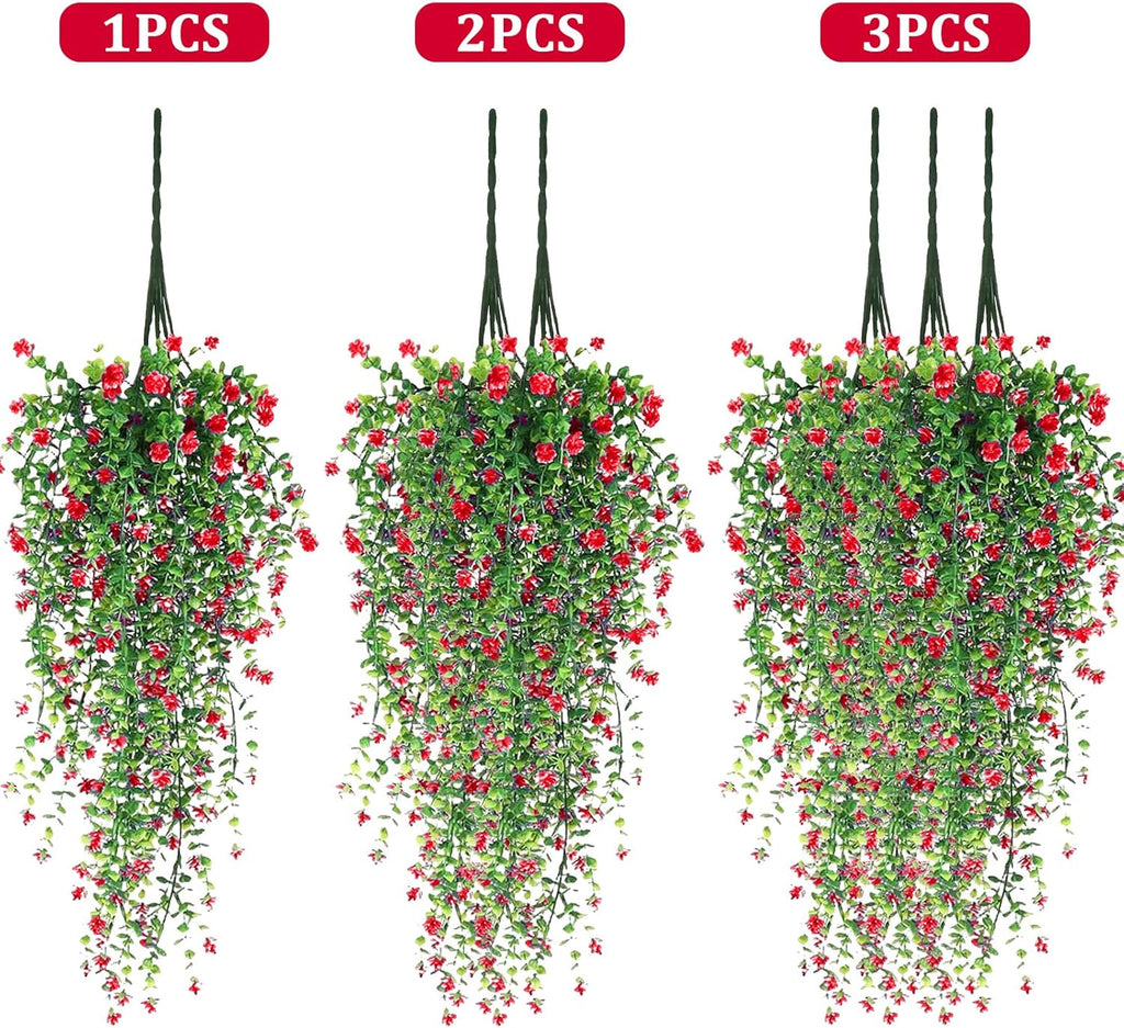 Artificial Hanging Flowers, 3 Pcs Fake Hanging Plants Artificial Vines for Outdoors, Fake Ivy Vine UV Resistant No Fade Faux Plants for Indoor Outside Garden Patio Yard Greenery Decoration (Dark Red)