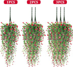Artificial Hanging Flowers, 3 Pcs Fake Hanging Plants Artificial Vines for Outdoors, Fake Ivy Vine UV Resistant No Fade Faux Plants for Indoor Outside Garden Patio Yard Greenery Decoration (Dark Red)
