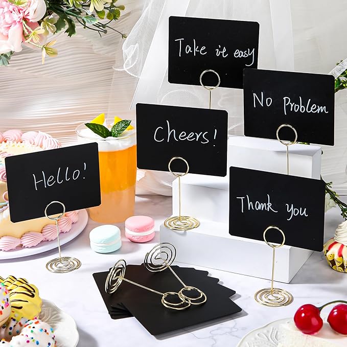 TecUnite 12 Pcs Mini Chalkboard Signs, 4"x3" Small Chalkboard Label with Metal Stand 2 Water Based Chalk for Food Buffet Tabletop Blackboard Sign for Party Bakery(Gold,3.4 x 1.6 in)