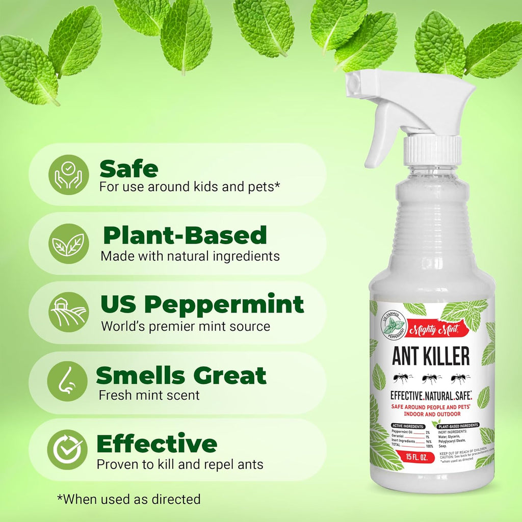 Mighty Mint Peppermint Oil Ant Killer Spray – Natural Ant Repellent for Indoor & Outdoor Use – Plant-Based Insect & Pest Control – 16 oz