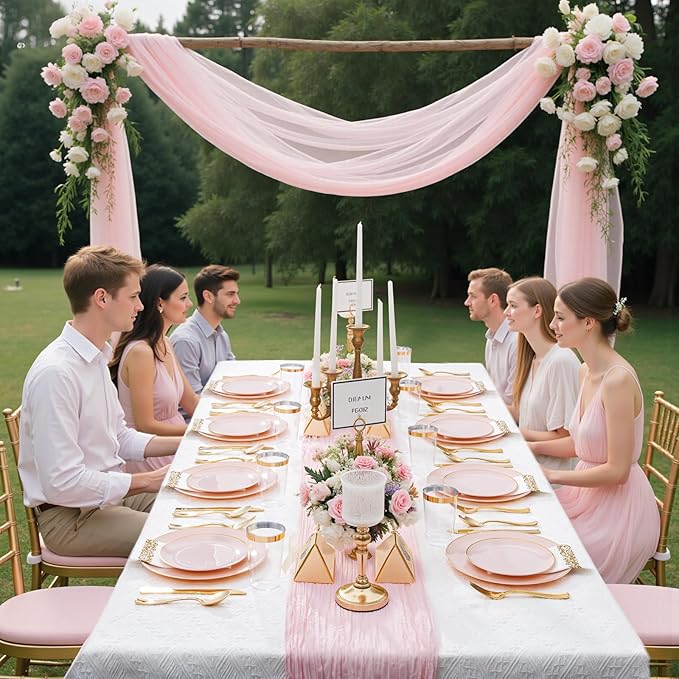 Supernal 350pcs Pink Plastic Plates,Plates Disposable Heavy Duty,Pink Disposable Plastic Dinnerware Set Include 50 Dinner Plate,50 Dessert Plate,50 Gold Cutlery,50 Cups&50 Napkins for Party&Wedding