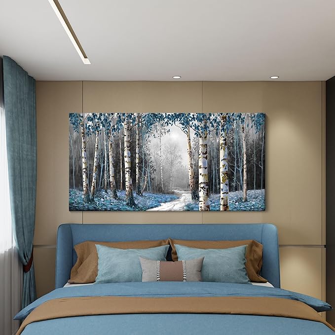 HKDGOKA Large Canvas Wall Art - Gray Blue Tree Abstract Canvas Painting Textured Picture, Modern Landscape Artwork Framed for Living Room Bedroom Bathroom Office Home Decor 58"x29"