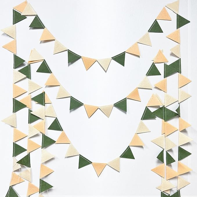 Sage Green Party Decorations Olive Green Tan Brown Cream Felt Hanging Triangle Mini Bunting Pennant Banner Flag for Safari Jungle Birthday Wedding Neutral Baby Shower Party Classroom Nursery Decor