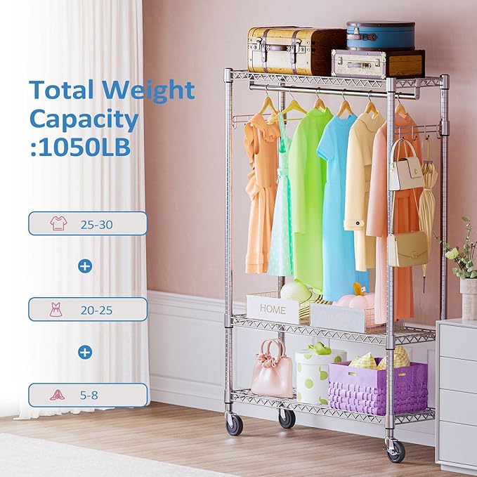 IZEUK Heavy Duty Garment Rack on Wheels, Rolling Freestanding Closet Organizer and Clothes Rack for Hanging Clothes with 1 Hang Rod, Adjustable Metal Wardrobe, 15.7" D x 45.3" W x 75.6" H, Chrome