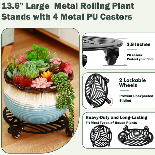 1 Pack Large Metal Plant Caddy with Wheels 13.5 Inches Heavy-duty Iron Rolling Plant Stand with Casters Indoor Outdoor Plant Roller Base Planter Movers Garden Dolly Coaster Trolley Black