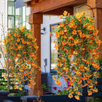 6 Pcs Artificial Fall Hanging Flowers Outdoor Silk Mum Plants Autumn Decor Faux Violet with Eucalyptus Realistic UV Resistant Trailing Vine Thanksgiving Porch Yard(Orange,Chamomile)