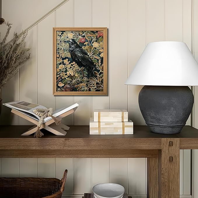 AKWISH Framed 3D Textured Vintage Wall Art - Dark Academia Decor Hand Drawn Sandstone Black Crow Paintings with Botanical Florals, Aesthetic Wall Decor for Living Room Bedroom Home 12x16 inch