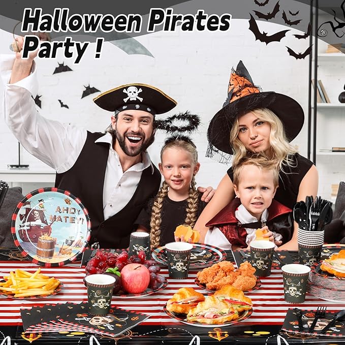 452 Pcs Pirate Party Supplies Decorations for 50 Guests, Pirate Treasure Theme Paper Plates Napkins Cups Tablecloth Cutlery Straws for Adult Halloween Birthday Party Decorations