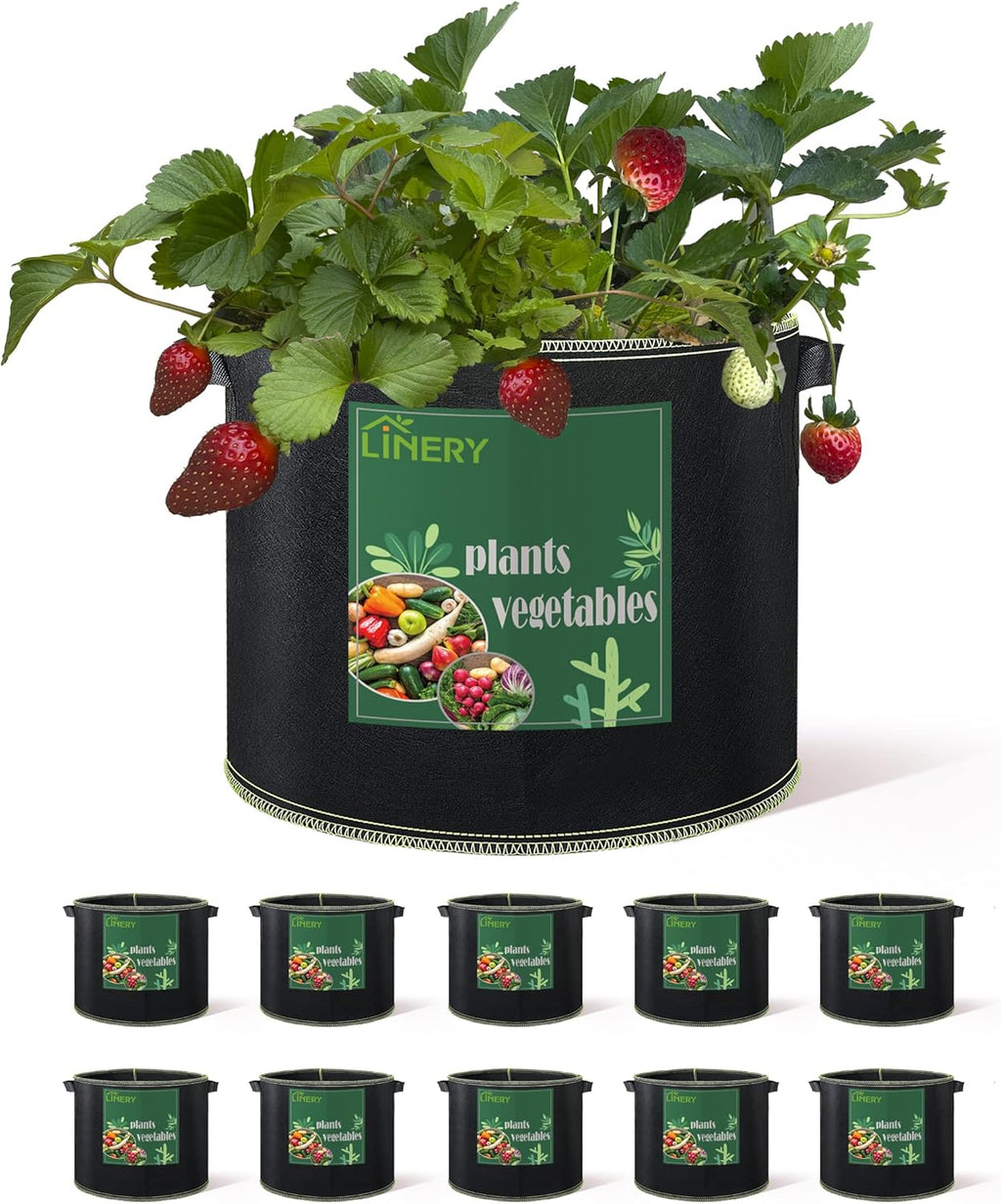 LINERY 10-Pack 10 Gallon Grow Bag Planting Black Heavy Duty Thickened Grow Bag with Handles Non-Woven Fabric Plant Pots (10-Pack 10 Gallon)