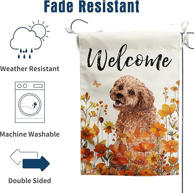 Floral Golden Doodle Garden Flag Fall Yard Flag Wildflower Dog Garden Flags Orange Autumn Lawn Flags Welcome Thanksgiving Outdoor Flags for Outside 12x18 Double Sided Small