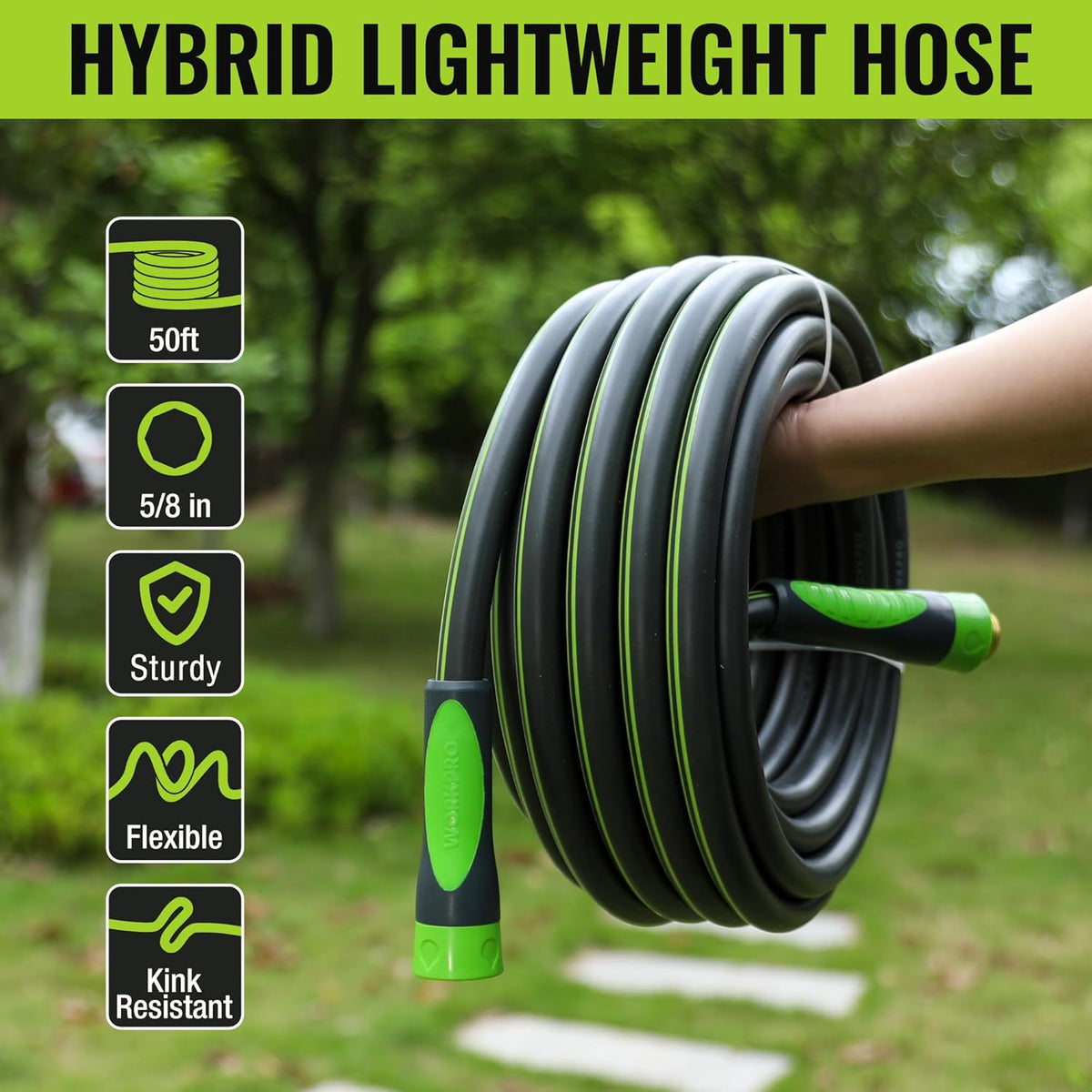 WORKPRO 5/8 IN x 50 FT Garden Hose, Heavy Duty, Flexible, Lightweight Water Hose with 360° Bi-Material Rotation Handle, 3/4" GHT Solid Brass Fittings, for Outdoor, Lawn, Garden & Yard, Car Wash