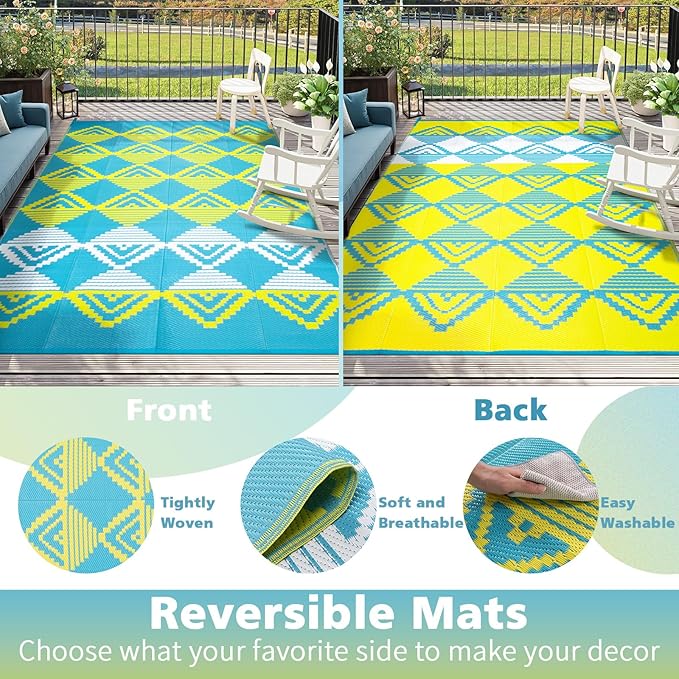 Beeiva Outdoor Rugs 9x12 for Patios, Waterproof Reversible Plastic Straw Patio Mat, Modern Geometric Foldable Outdoor Rug for Camping, Porch, Deck, Backyard, Balcony, Picnic - Blue & Yellow