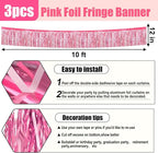 3 Pack 10 Feet Pink Foil Fringe Garland Metallic Tinsel Streamers Banner Wall Hanging Curtain Backdrop for Parade Floats, Christmas Day, Valentine's Day, Thanksgiving, Birthday Party Decorations