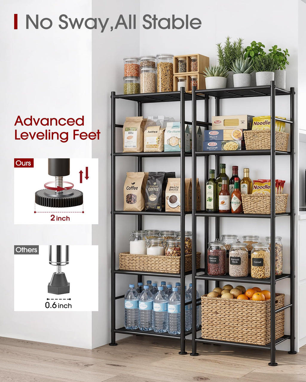 Sakugi Storage Shelves - Set of 2, 5-Tier Metal Shelf Organizer, Space-Saving Garage Shelving with Leveling Feet, Standing Shelves Organizer for Kitchen, Laundry, Pantry (18.4" x 12.6" x 57.4", Black)