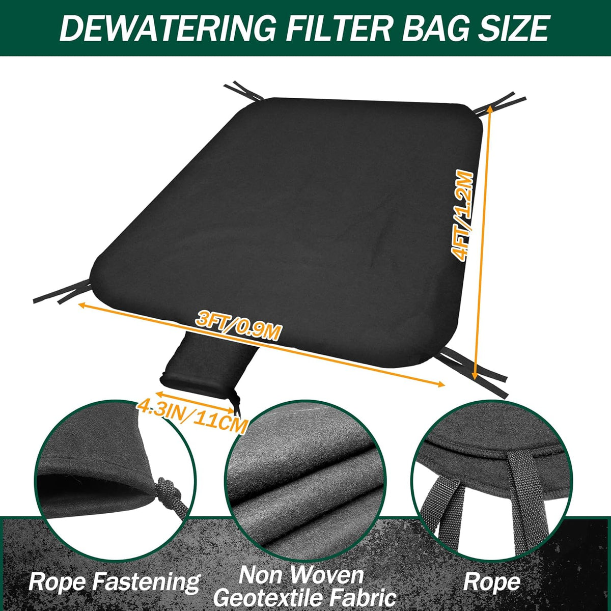 3 x 4ft Dewatering Bags with Drawstring Extra Large Dewatering Filter Bag Silt Oil Sludge Sediment Filter Bag Non Woven Geotextile Fabric Filter Bags for Construction Sites Dredging